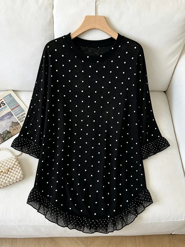 Summer Large Size Women's T-Shirt Korean Style Polka Dot Lace Sleeve Sun Protection Loose Seven Sleeve Belly Covering Top