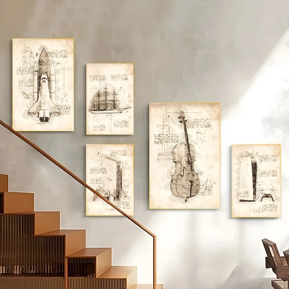 1pc Vintage Abstract Da Vinci Inspired Sketches Poster Corridor wall Art Printing Waterproof Home Living Bed Room Decor