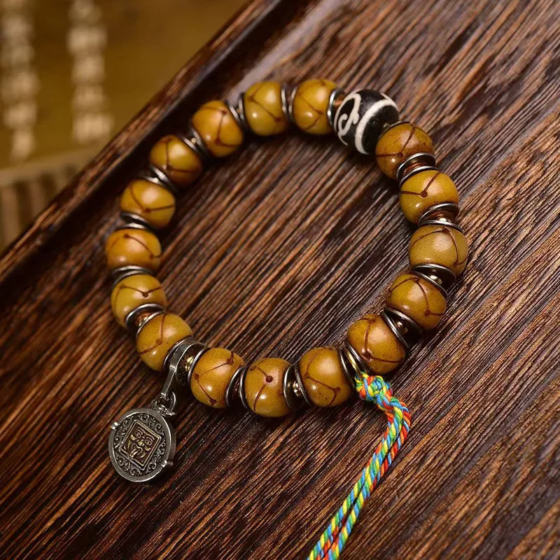 Material Old Silver Inlaid Backflow Bone Text Single Circle Bead Unisex Tibetan Retro Bracelet