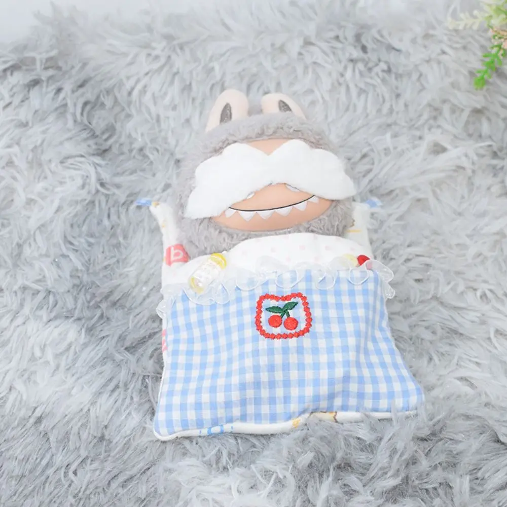 Mini 10CM Cotton Doll Beddings 2024 Cute Cloth Dolls Accessories Labubu Single Bed Three-piece Set for 10cm Cotton Doll