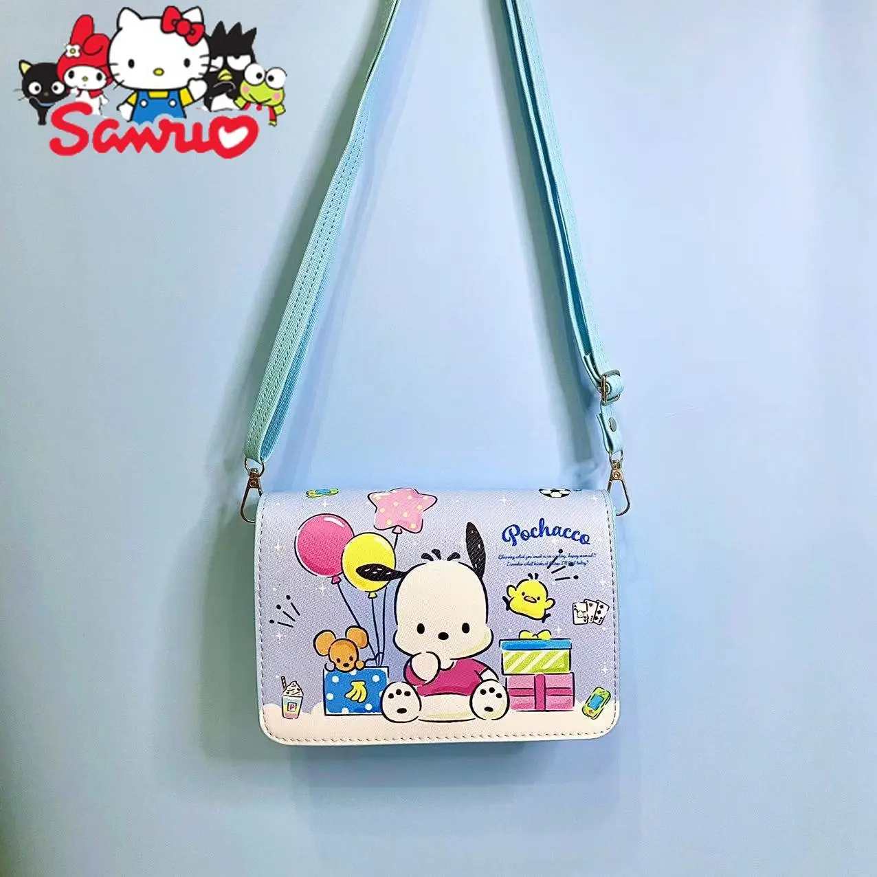 MINISO Melody Kuromi Hello Kitty Cinnamoroll Pochacco Square Leather Waterproof Shoulder Bag Shopping Strap Magnetic Closure Bag