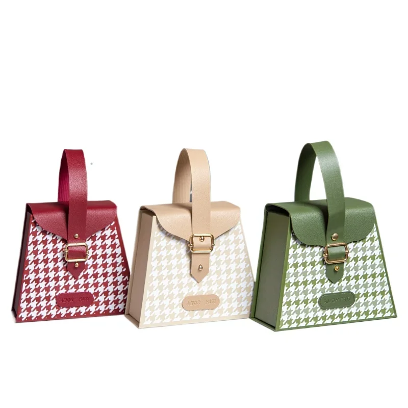 

*New Products Ideas Trapezoidal Gift Boxes Sets Houndstooth Design Wedding Paper Handbag Packaging With Leather Handle