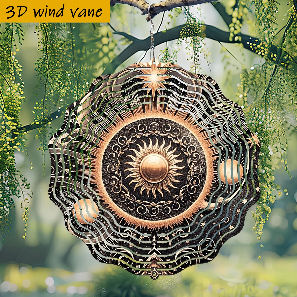3D 1pc, Dazzling Golden Sun Surrounded by Stars, with Rotating Hook, 360° Creative Wind Spinner