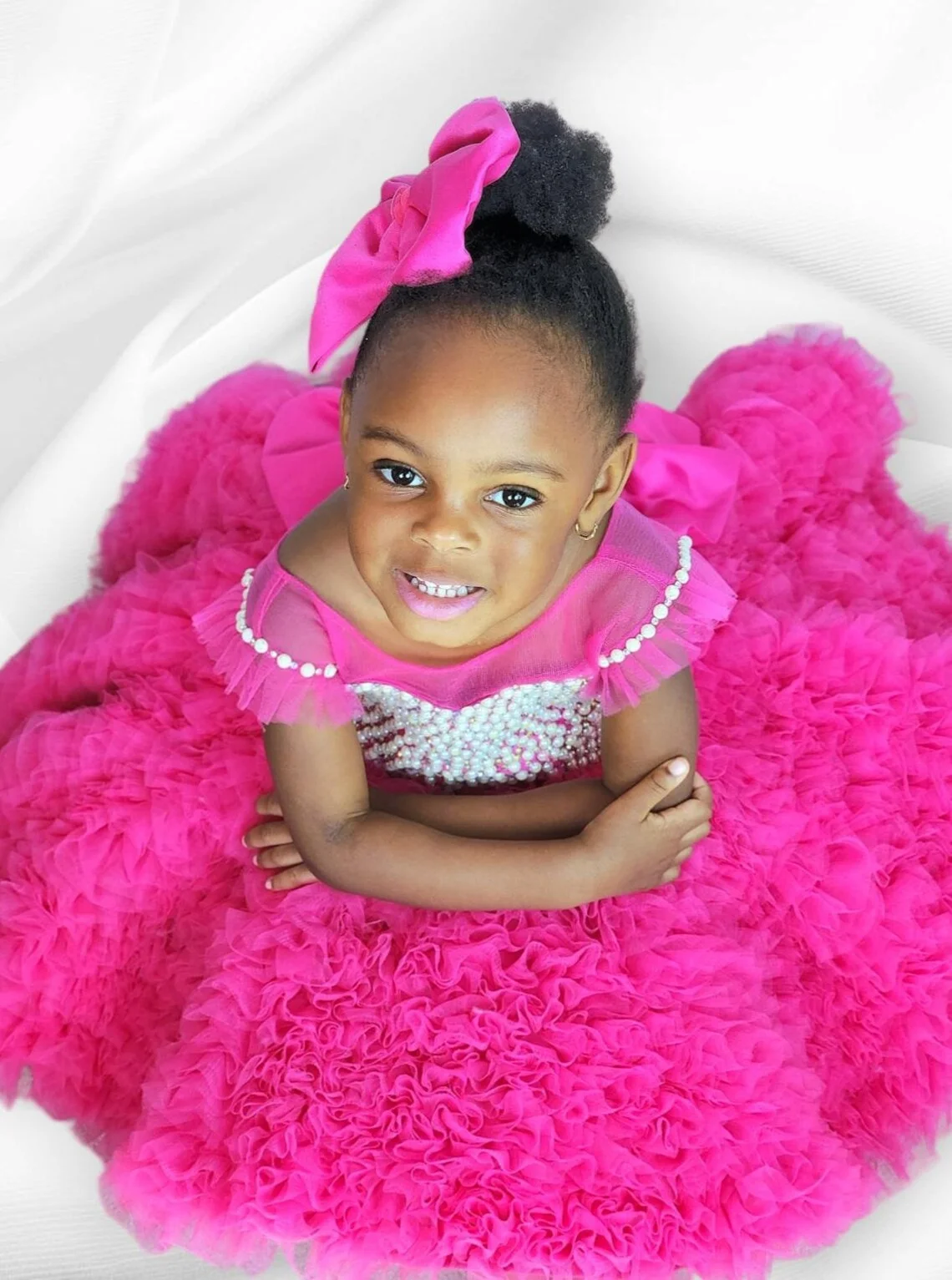 Fuchsia Short Pearls Flower Girl Dresses Baby Girl Tiered Tulle Princess Dress Knee Length Kids Girls Birthday Party Gowns