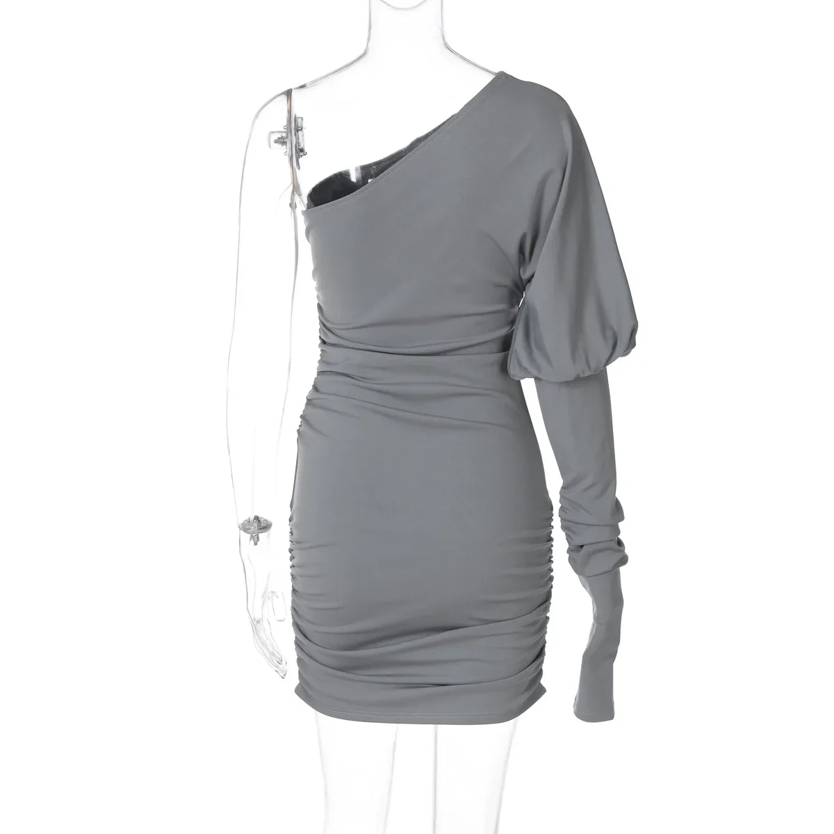 Women Sexy One Shoulder Lantern Sleeve Ruched Bodycon Mini Dress