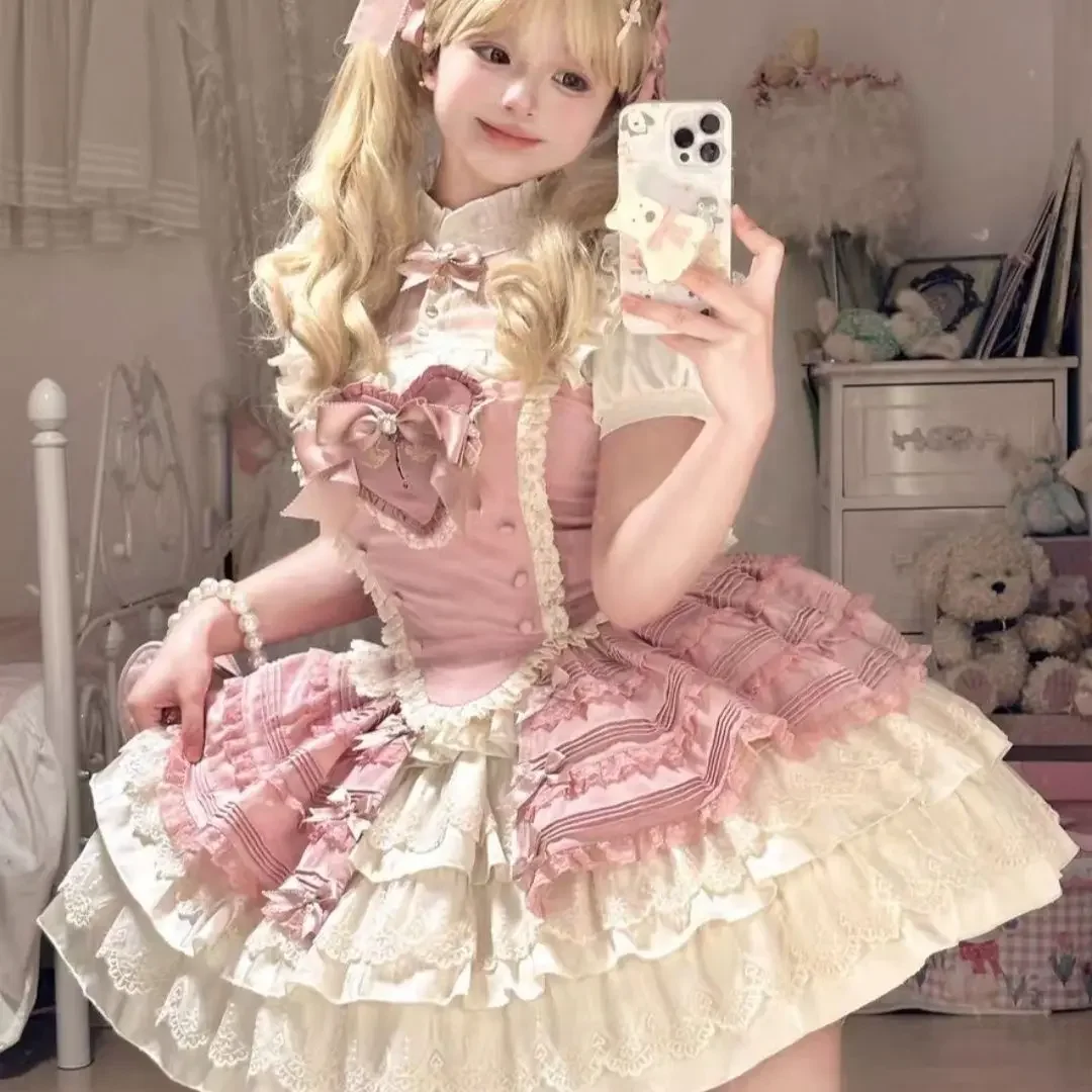 

SOIOMES Peach Pink Lolita's New Short Dress Magic Girl Lolita Short Skirt Split Three Piece Set