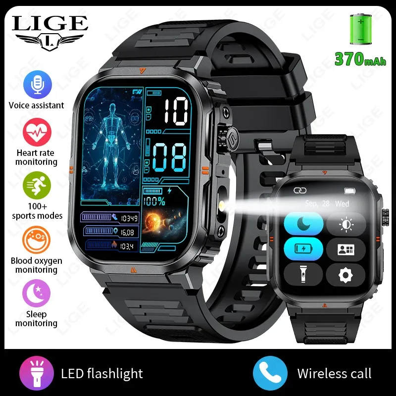 

LIGE Men's Smart Watches Heart Rate Sleep Sports Monitor Bluetooth Call Al Voice Waterproof With LED Flashlight Smartwatch 2026
