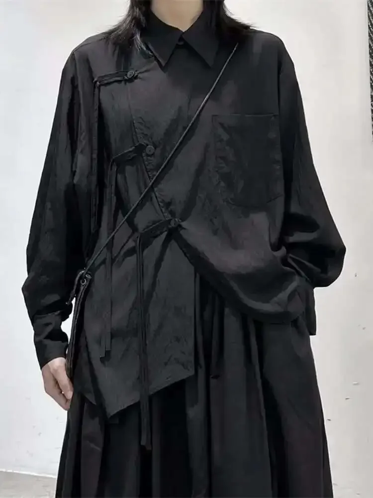 

Женская черная блузка большого размера с пряжкой, новая рубашка свободного покроя с лацканами и длинными рукавами, модная рубашка Tide, весна-осень 2025