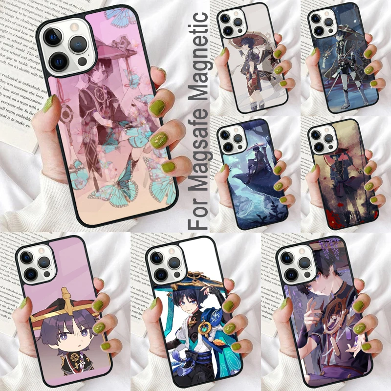

Магнитный мягкий чехол Scaramouche Genshin Impact для iPhone 16, Pro max 15, Pro 13, 14 Plus 11, 12, Mini MagSafe Coque