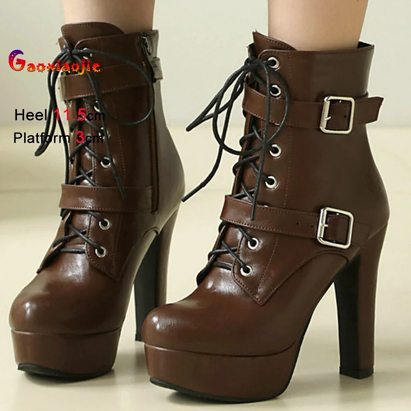 

2025 New Autumn Winter Brown Women's Ankle Boots Lace-Up Belt Buckle High Heels 11.5cm Platform 3cm Short Boot Round Head Shoes