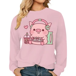 Casual Cartoon Women Sweatshirts Cute Gamer Pig Printed Hoodies Fleece Warm Pullover Street Crewneck Loose Female Y2K Tracksuit