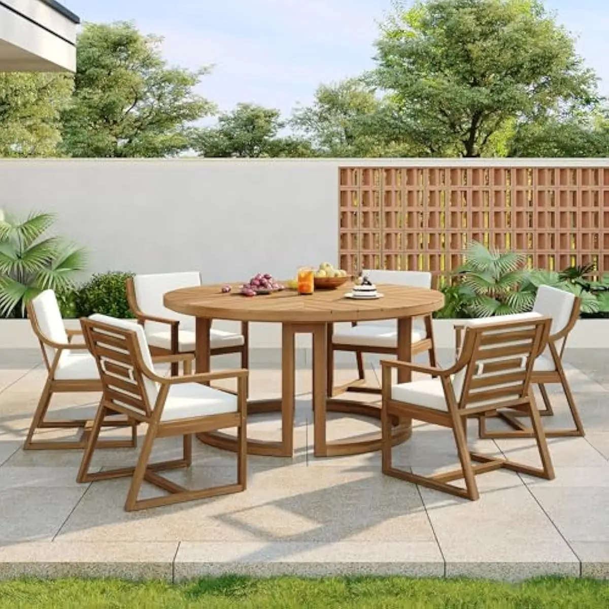 Rustic 7-Piece Acacia Round Patio Set Featuring 59-Inch Table with Ventilated Hollow Top Design 1.96-Inch Umbrella Opening Plus
