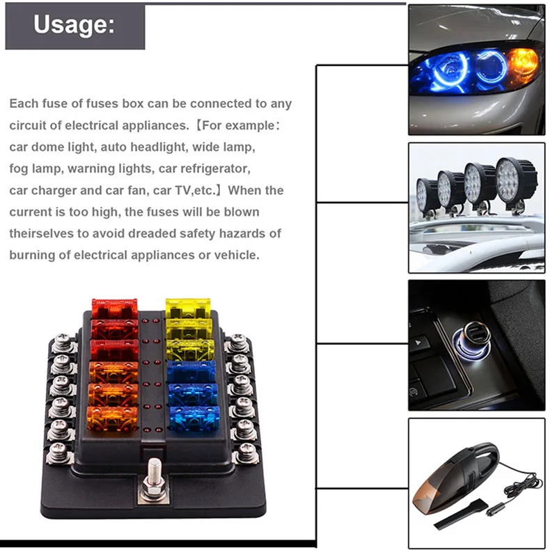 Universal Car 12 Ways Blade Fuse Box 6/8/10Way Terminal Block 12V 24V Fuse Holder Box Marine Auto Fuse Connector Switch With LED