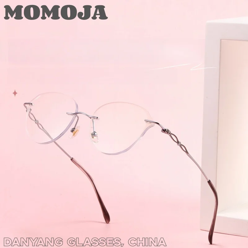 

MOMOJA Luxury Elegant Women Rimless Glasses Frame Ultra-light Titanium Alloy Pink Inlaid Irregular Fashion Eyeglasses YX68003-72