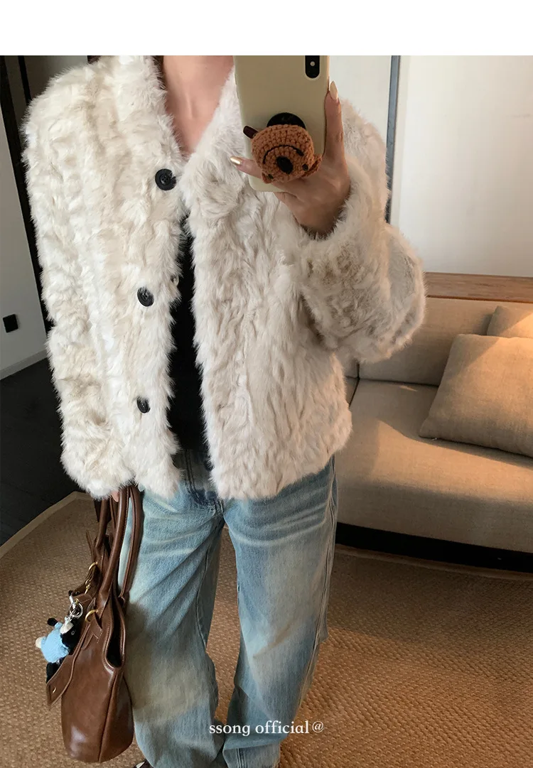 Women Faux Shearling Fur Coats Solid Fur Jackets Cotton Linen V Neck Long Sleeves Single Breasted Loose Fit Casual 2026 Winter