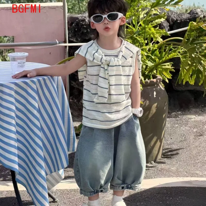 

2026 Summer New Children's Baby Knitted Sailor Collar+sleeveless Striped Sleeveless Top+jeans Children's Three Piece Set 2-11Yrs