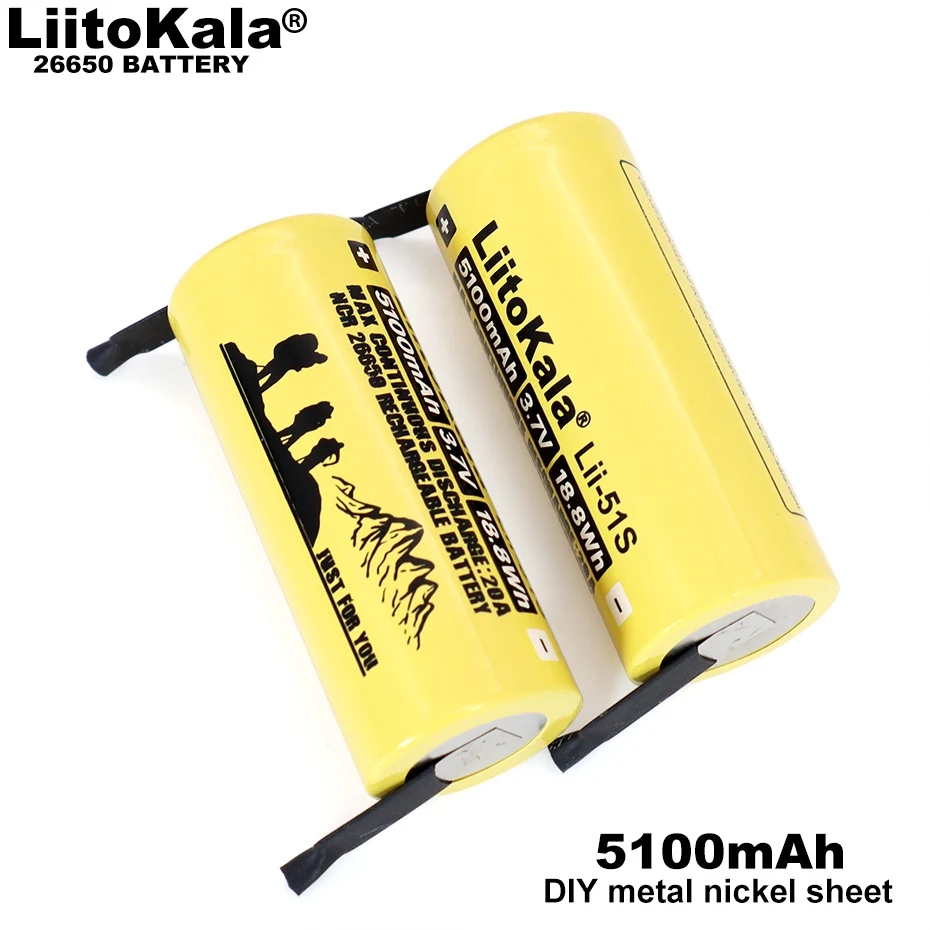 Liitokala 3.7V Lii-51S 26650 20A rechargeable battery 26650A lithium Batteries 3.7V 5100mA  Suitable for flashlight+Nickel