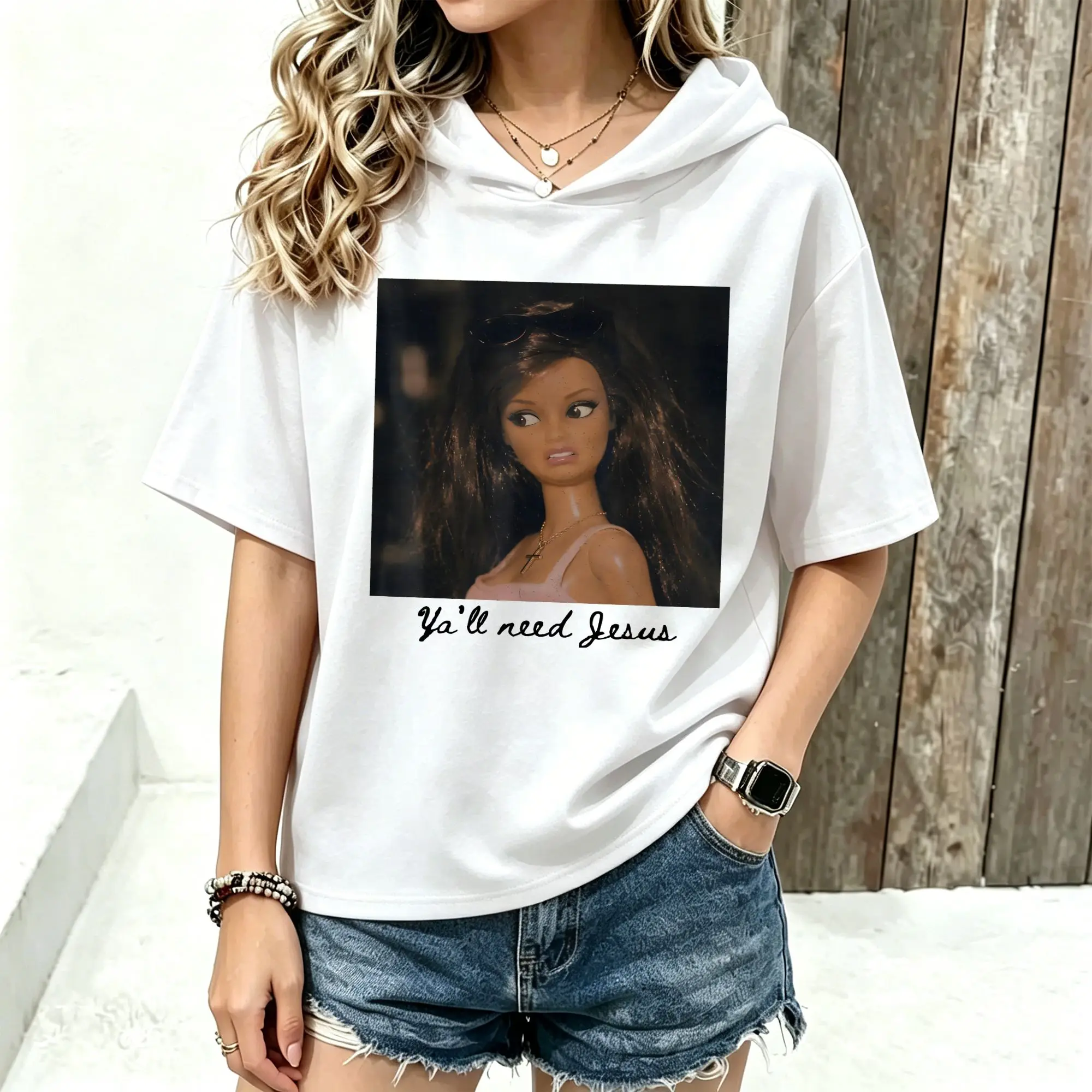 Women Short Sleeve Hoodie Doll Portrait Slogan Letter Print Spring Summer Casual Hooded T‑Shirt