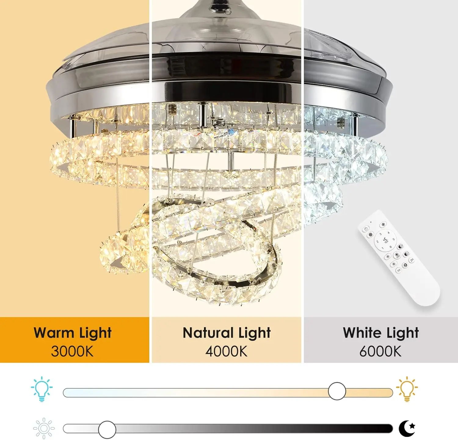 Crystal Invisible Chandelier Ceiling Fan With 3 LED Color Change Lights with Memory Function