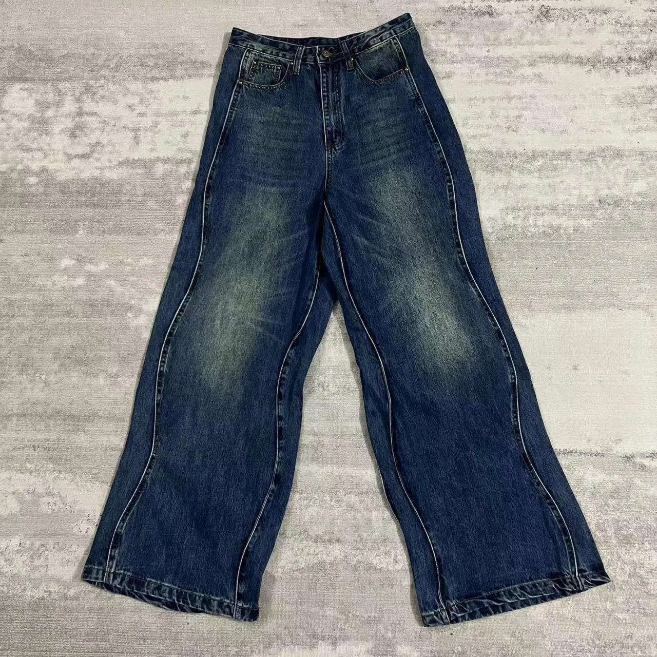 Vintage Jeans for Men Hip Hop Rock Solid Wave Cowboy Pants 2023 New Harajuku Baggy JeansOversize Straight Loose Wide Leg Pants