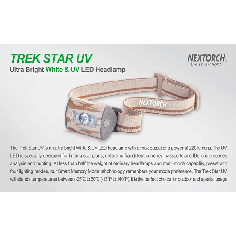 Imagem -04 - Nextorch-trek Estrela uv Led Farol Fonte de Luz Dual Color Lanterna ao ar Livre Camping e Pesca Ipx4 220lm