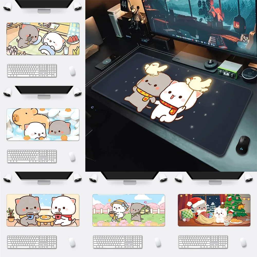 Cute Peach Mochi Cat Mousepad HD Printing Computer Gamers Locking Edge Non-slip Mouse Pad XXL90x40cm Keyboard PC Desk Pad