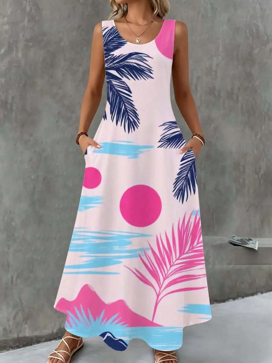 

Sleeveless Maxi Dress Pink Blue White Tropical Palm Leaf Circle Print Summer Beach Vacation