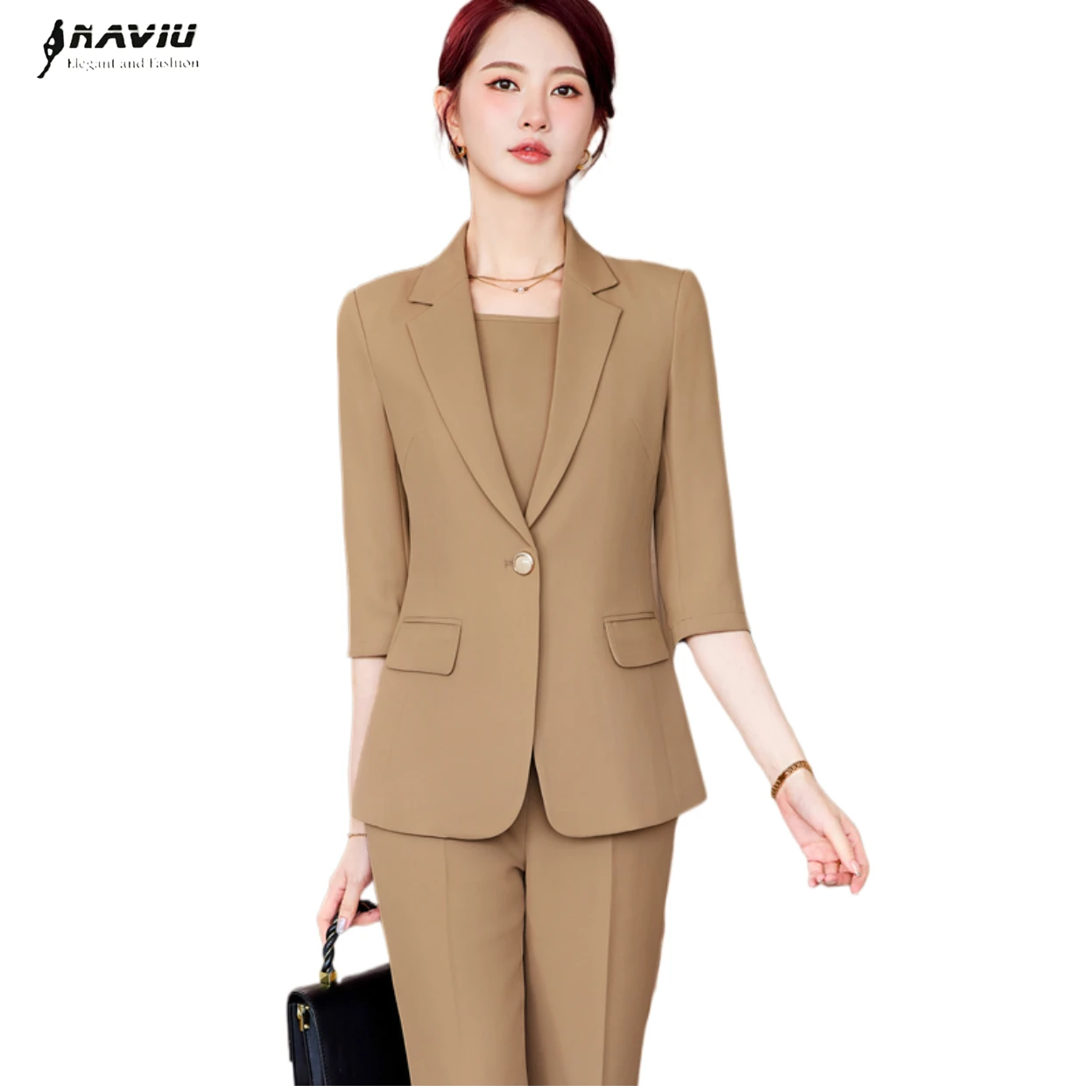 

NAVIU Office Formal 2 Piece Set Women Ladies Khaki Green Black Business Workwear Blazer And Trouser Female Professional Outfit