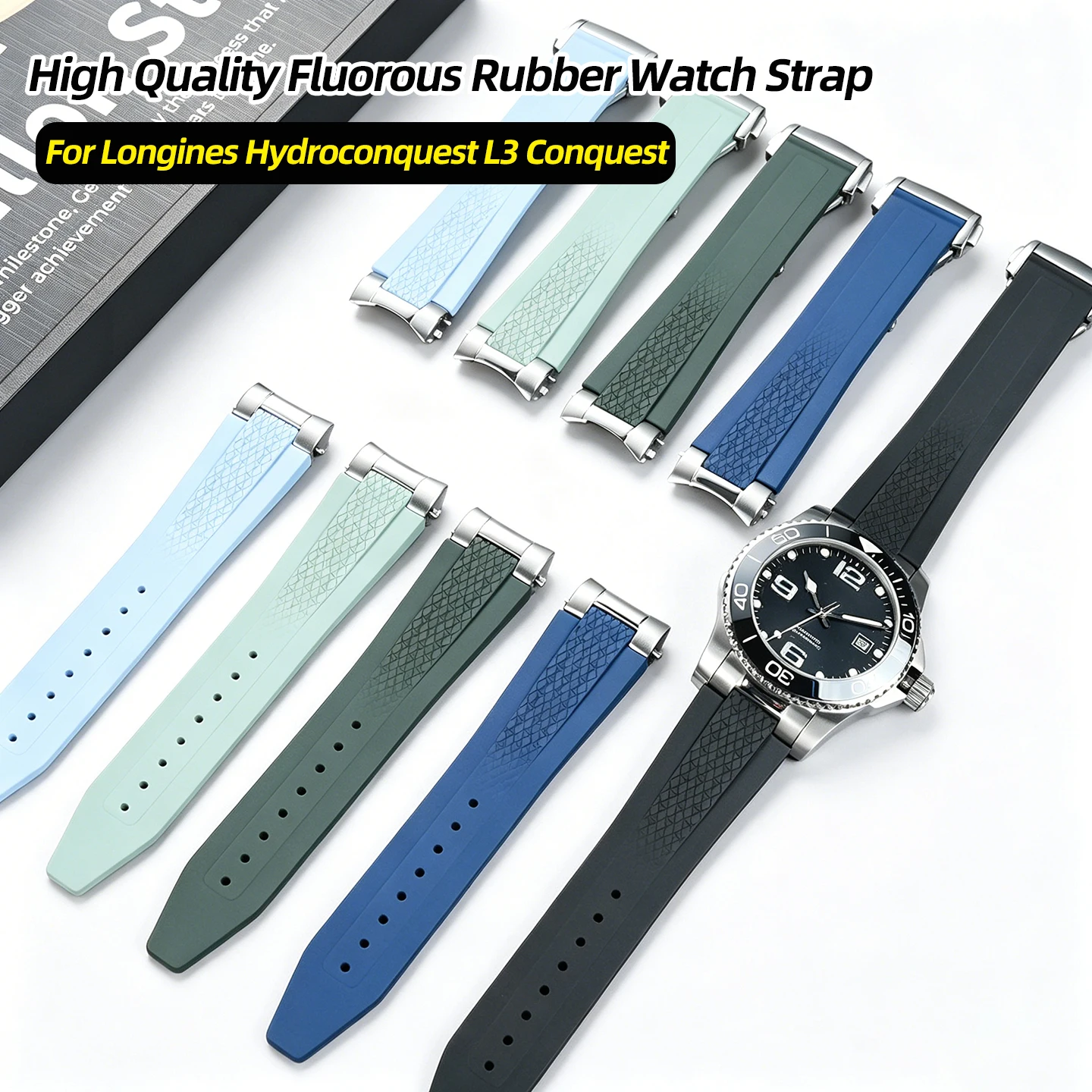 High Quality Fluorous Rubber Watch Strap With Metal Interface For Longines Hydroconquest L3 Conquest Sports Diving Watchband