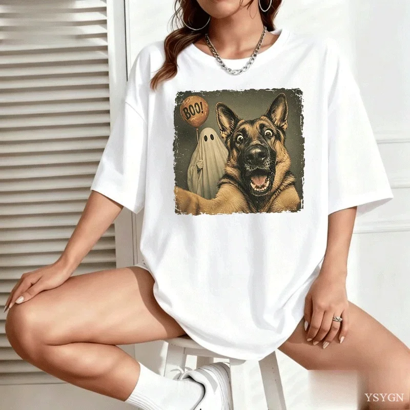 German Shepherd Halloween Ghost Selfie Boo Dog Meme Graphic T-Shirt Y2k Spooky Season Dog Selfie Graphic Apparel for Women Men