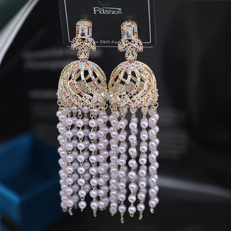 Bilincolor Black Card Heavy Industry Micro Inlaid Zircon Tassel Mesh Earrings for Women