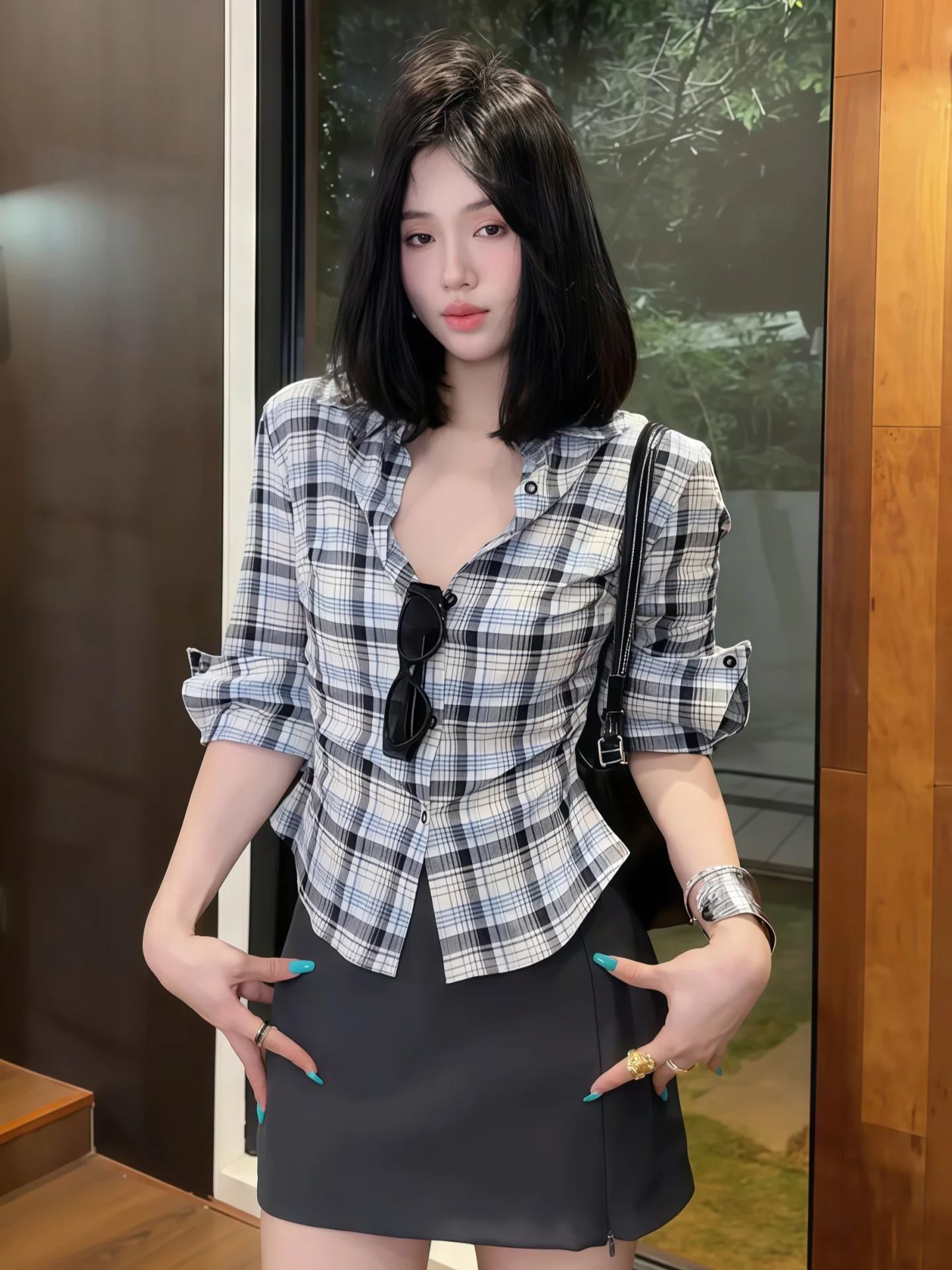 Stylish Plaid Long Sleeve Sun Protection Shirt Women's Short Style Slimming Waist Design Korean Version Commute Style Shirt