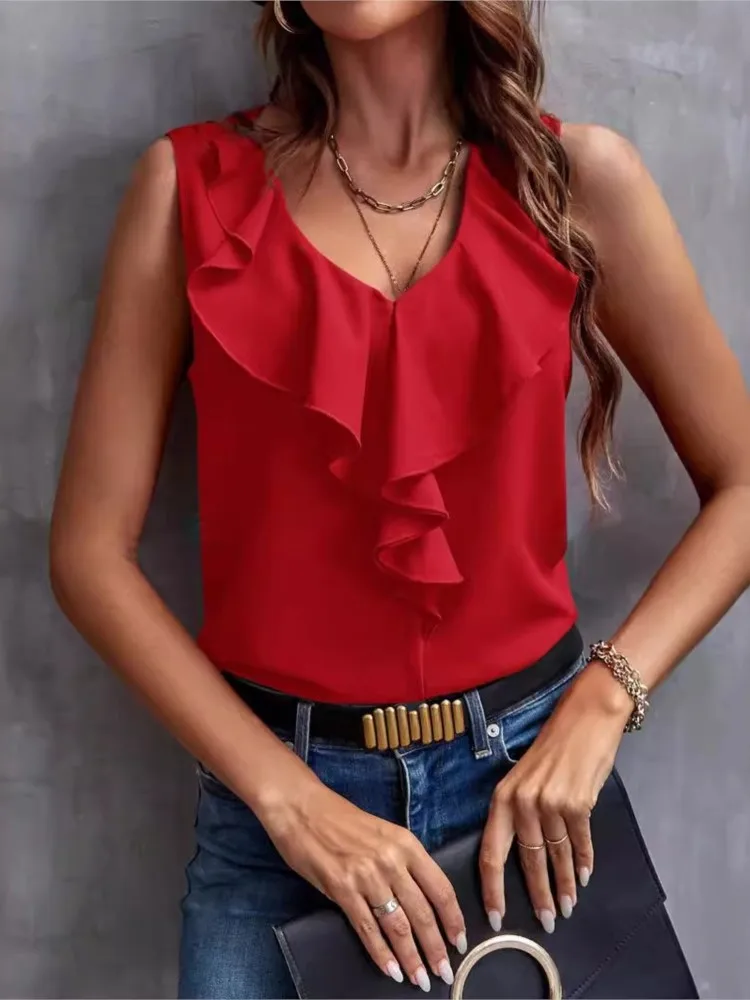 New Sleeveless Women\'s Blouses Sexy V-neck Ruffled Solid Color Top 2024 Summer Elegant Style Office Shirts