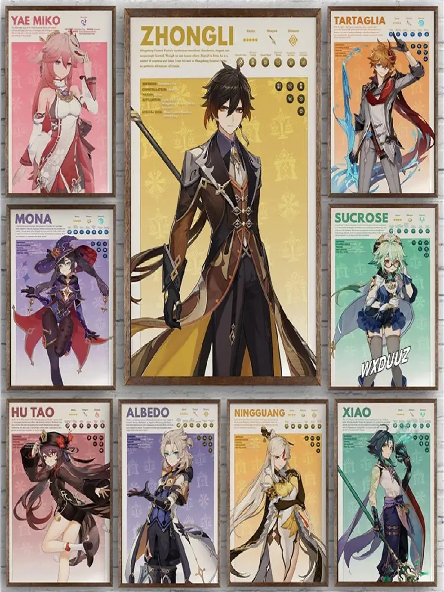 Genshin Impact Anime Posters Zhongli Xiao Hutao Albedo Kaeya Eula Aesthetic Canvas Painting Poster Wall Art Room Decoration