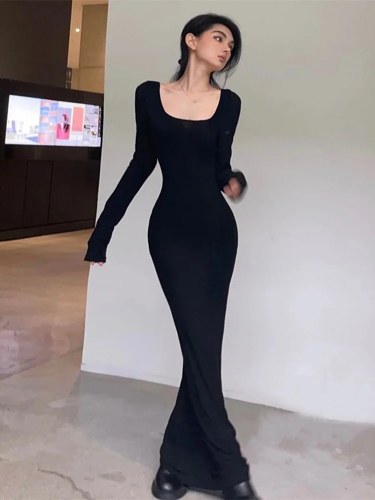 QWEEK Y2K Sexy Black Dress Women Vintage Wrap Slim Bodycon Long Dresses Party Evening Square Collar 2024 Fashion Spring Outfits