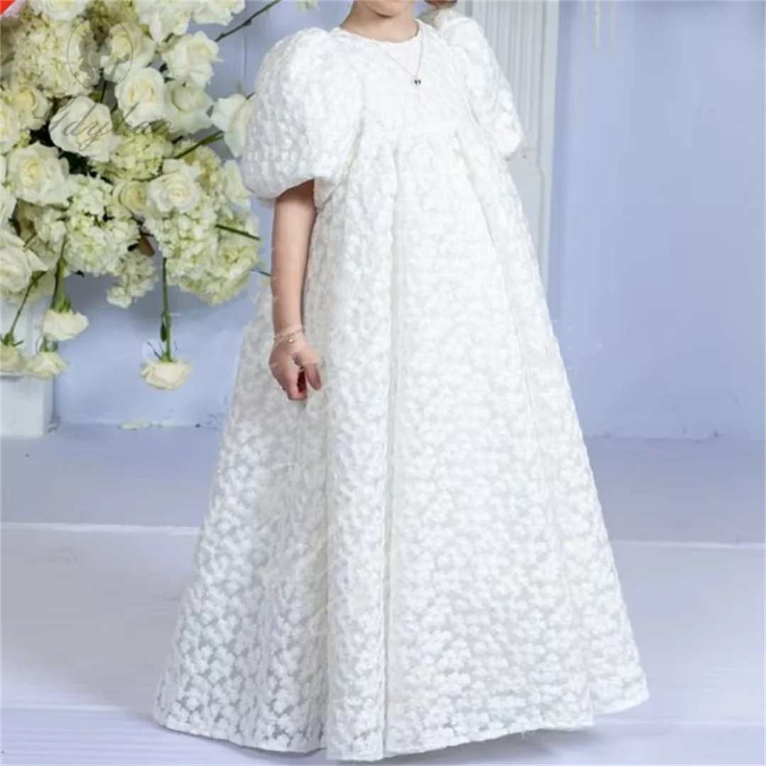 White Balloon Sleeve Flower Girl Dresses for Wedding Hollow Out Lace Long Princess Kids Pageant First Communion