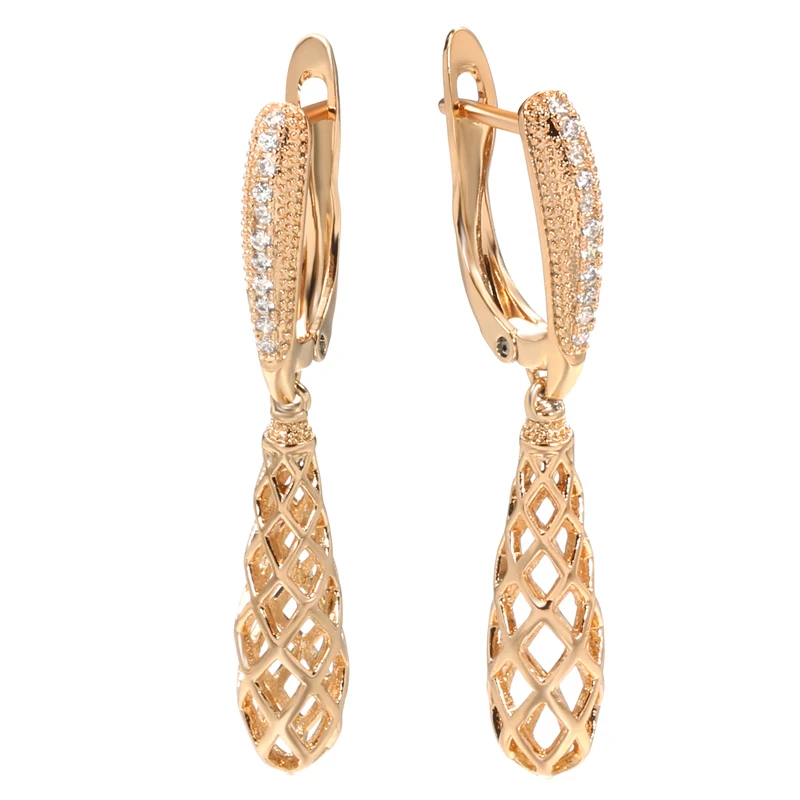 Pendientes brillantes de moda para mujer, aretes colgantes de tejido Simple de oro rosa 585, joyería étnica para novia y boda 2022