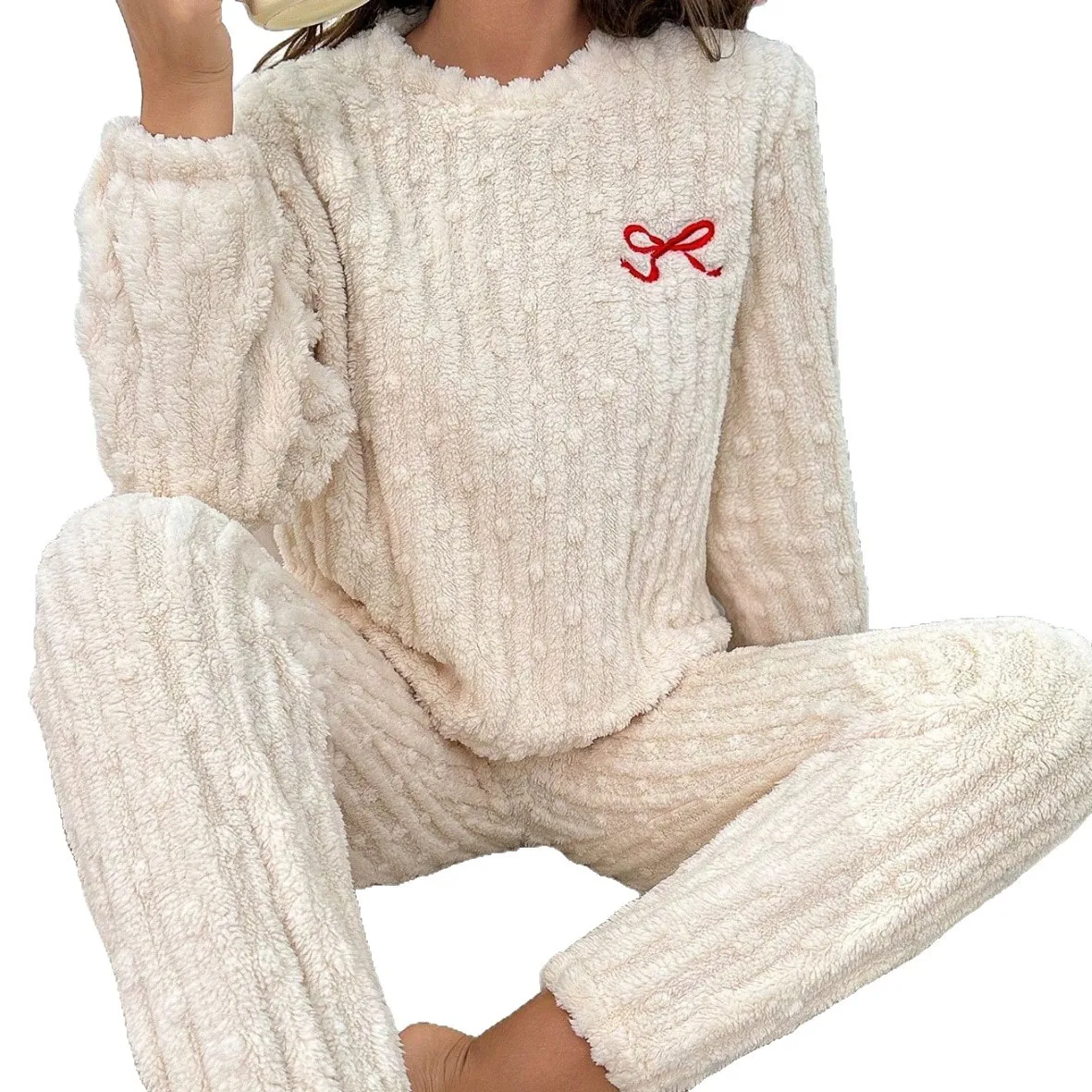 Vêtements de maison décontractés pour femmes, doux et confortables, avec nœud papillon, chauds, pour l'automne et l'hiver