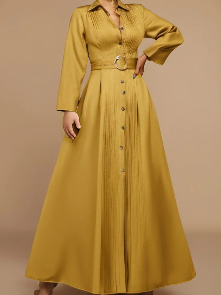 

Shirt Dresses for Women Turn Down Collar Long Sleeves Pleated A Line Elegant Fashion Office Lady Party Maxi Vestidos with Belt