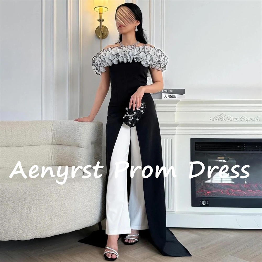 Aenyrst Contrast Color Off Shoulder Evening Dresses Ruffles Boat-Neck Trousers Saudi Prom Dress Ankle Length Formal Party Gowns