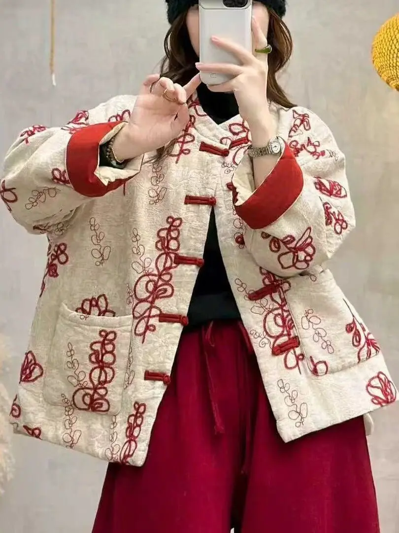 

Хлопковое джато с цветочной вышивкой, маленький воротник-стойка, 3D вышивка, винтажное женское пальто с асферой, китайское национальное пальто