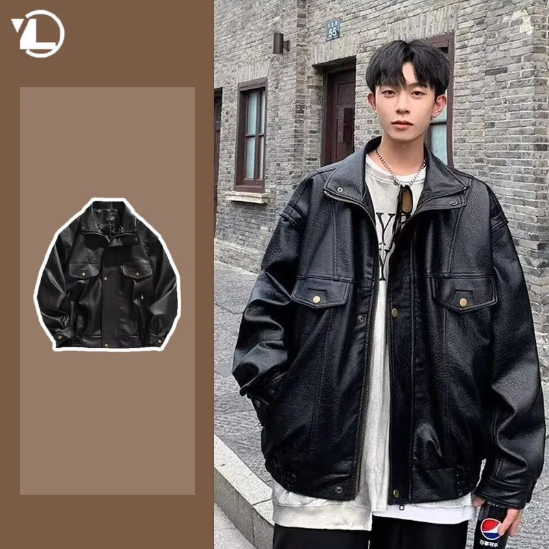 2023 Retro Motorcycle Soft Leather Jacket Mens Japanese Faux Leather Flip Collar Pu Bomber Coat Autumn Winter Fashion Outwear