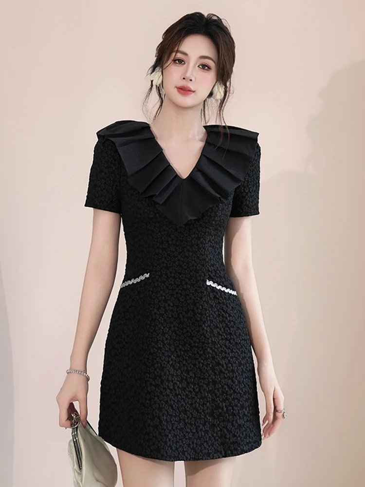 Frauen Kleidung Retro Jacquard Schwarz Rüschen V-ausschnitt Schlank A-Line Kurzes Kleid Elegante Dame Party Prom Vestido Casual Süße Sommer Neue