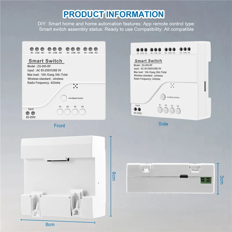 N05R 4CH Zigbee Smart Light Switch Module AC 85-250V RF433 Receive 10A Relays Work With Alexa Assistant,Tuya Smart Life