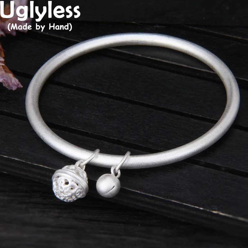 

Uglyless Solid 999 Fine Silver Bells Lotus Bangles for Women Elegant Matte Blank Silver Bangle Ethnic Vintage Jewelry Minimalism