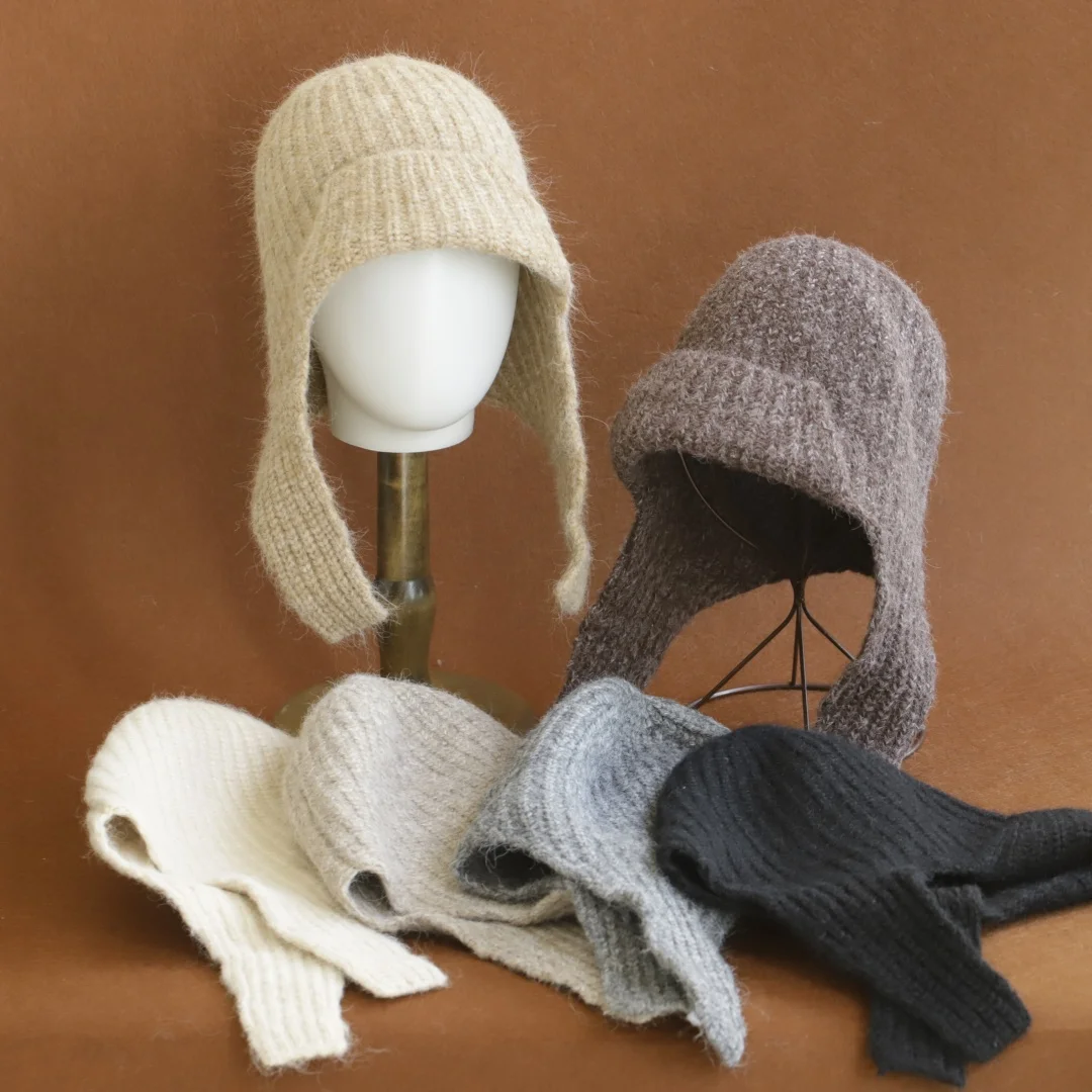 New Wool Women's Winter Knitted Hats Cute Lace-up Students Pullover Hat Autumn Winter Warm Windproof Earflap Beanies Female
