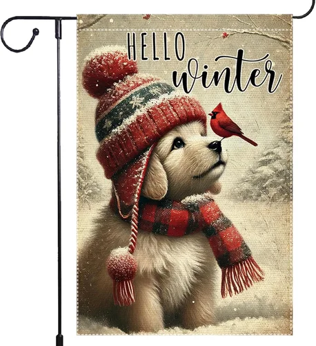 Hello Winter Dog Garden Flag 12X18 Vertical Double Sided Cardinal Bird Snow Chri ZZO EEZ