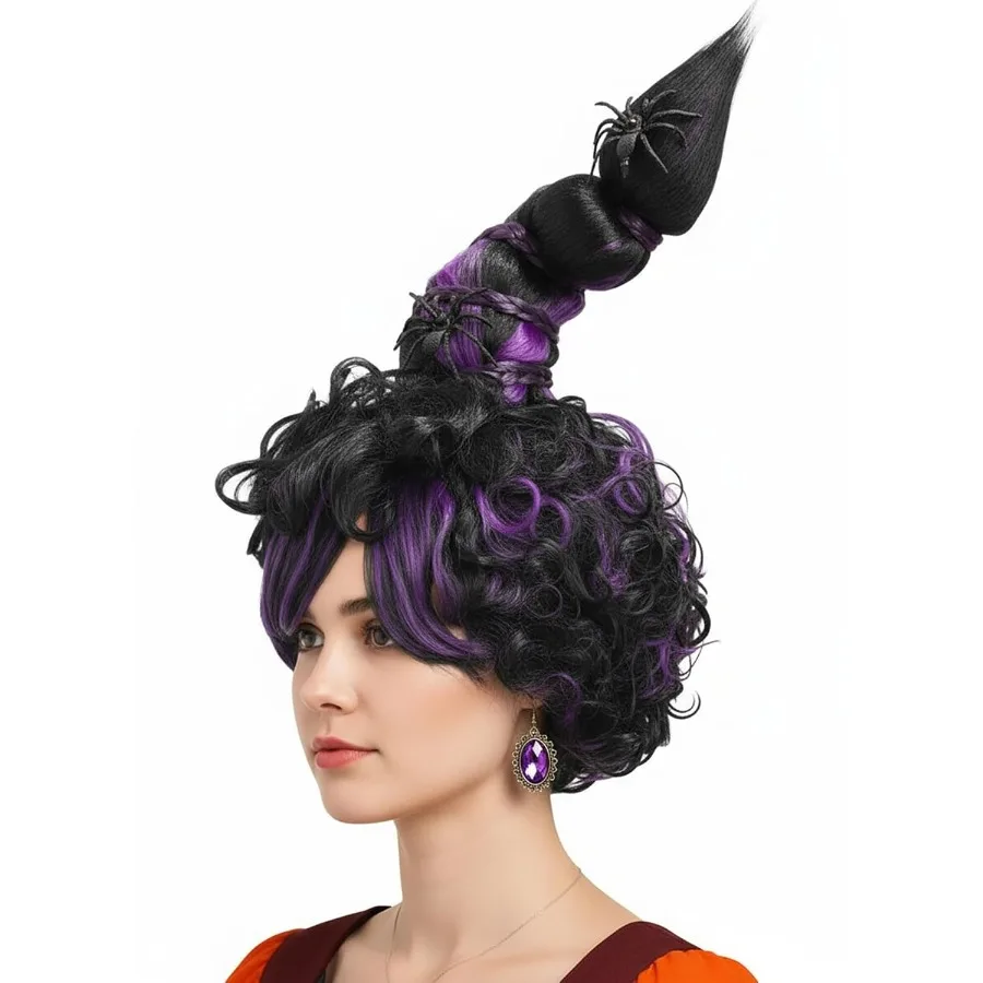 شعر مستعار أسود أرجواني للنساء البالغات، شعر مستعار مضفر مسبقًا لحفلات الهالوين