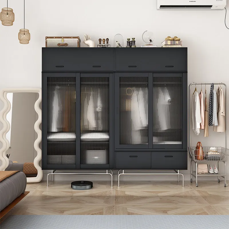 

PYJ black European solid wood storage wardrobe retro bedroom sliding door wardrobe