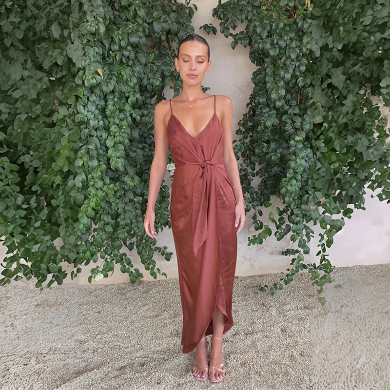 FIGOHR 夏の女性のフレンチスタイル V ネックサテンスパゲッティストラップロングドレス女性のエレガントなレースアップウエスト締め付けドレス